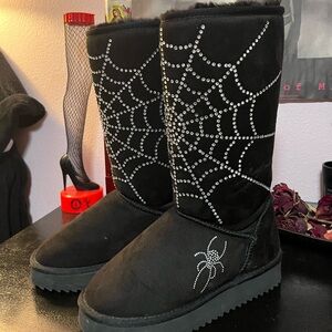 Black Rhinestone Spider Web Boots